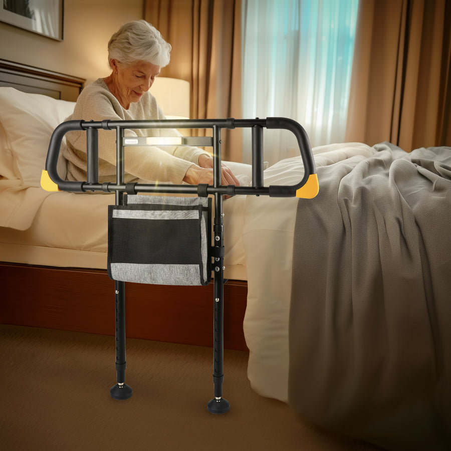 C4 Pro Bed Rail for Elderly Seniors, Adjustable Bed Assist Grab Bar with Dual Vertical Auxiliary Grips & Side Storage Pocket, 400 LBS Heavy Duty Bedside Fall Prevention Support Rail for Pregnant Women & Disabled Adults
