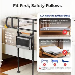 Foldable Bed Rail for Elderly, C5 Pro Adjustable Bed Assist Handle, Bedside Safety Support Rail with Storage Pocket, Portable Folding Bed Assist Rail for Seniors, Elderly Fall Prevention Aid