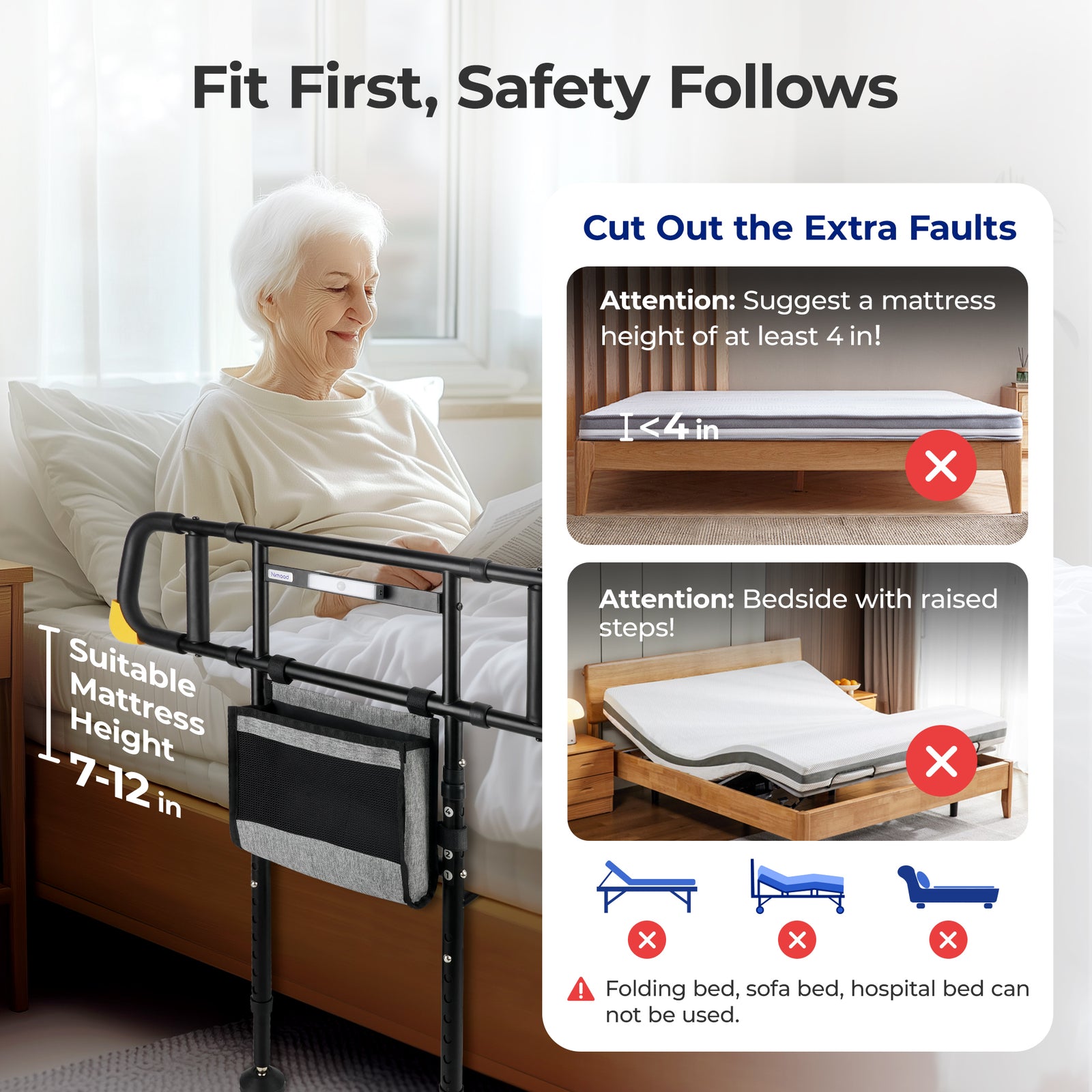 C4 Pro Bed Rail for Elderly Seniors, Adjustable Bed Assist Grab Bar with Dual Vertical Auxiliary Grips & Side Storage Pocket, 400 LBS Heavy Duty Bedside Fall Prevention Support Rail for Pregnant Women & Disabled Adults