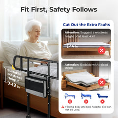 C4 Pro Bed Rail for Elderly Seniors, Adjustable Bed Assist Grab Bar with Dual Vertical Auxiliary Grips & Side Storage Pocket, 400 LBS Heavy Duty Bedside Fall Prevention Support Rail for Pregnant Women & Disabled Adults