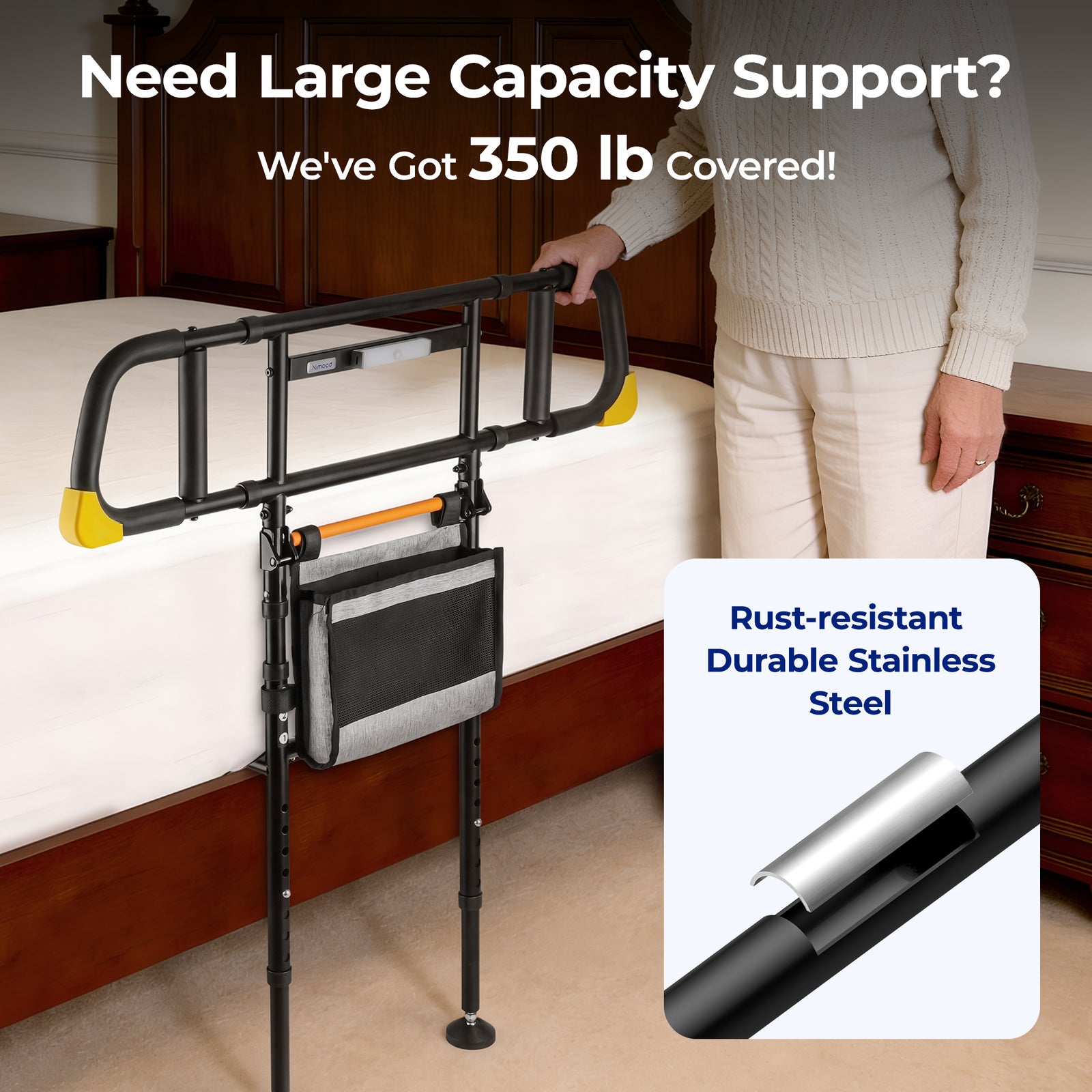 Foldable Bed Rail for Elderly, C5 Pro Adjustable Bed Assist Handle, Bedside Safety Support Rail with Storage Pocket, Portable Folding Bed Assist Rail for Seniors, Elderly Fall Prevention Aid