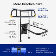 C4 Pro Bed Rail for Elderly Seniors, Adjustable Bed Assist Grab Bar with Dual Vertical Auxiliary Grips & Side Storage Pocket, 400 LBS Heavy Duty Bedside Fall Prevention Support Rail for Pregnant Women & Disabled Adults