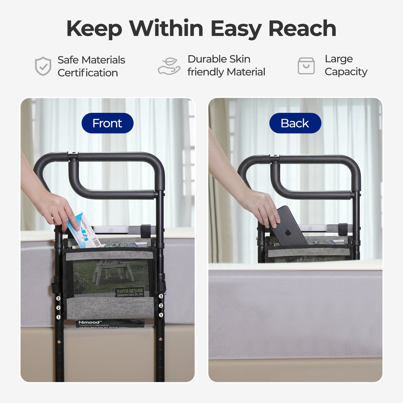 C3 Pro Bed Rail for Elderly, Adjustable Bedside Assist Handle with Storage Pocket, Safety Support Rail